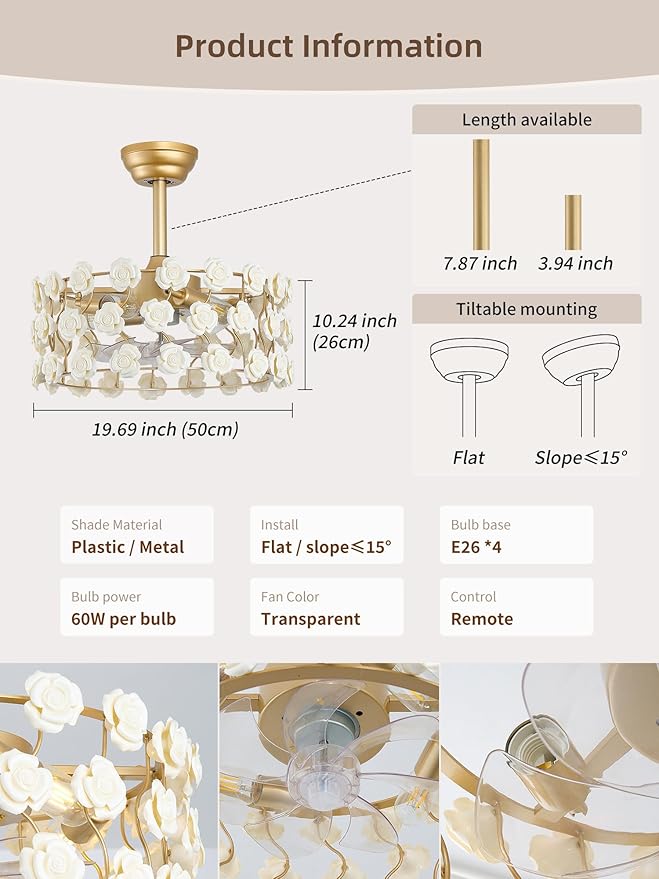 20" Gold Fandelier Ceiling Fan with Light, Caged Flower Chandelier Ceiling Fans with Lights Remote Control, Mid-Century Modern with 6 Speeds for Bedroom, Nursery