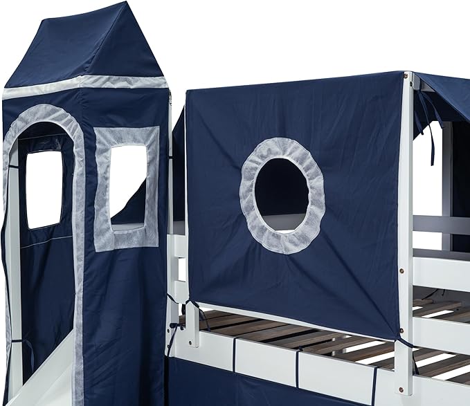 Playhouse Full Size Low Loft Bed with Slide & Tent and Tower, Solid Wood Tent Bed Frame with Storage Staircase for Kids Teens Boys Girls, Versatile Spacious Under Bed Space with Curtains (Blue-TXF)