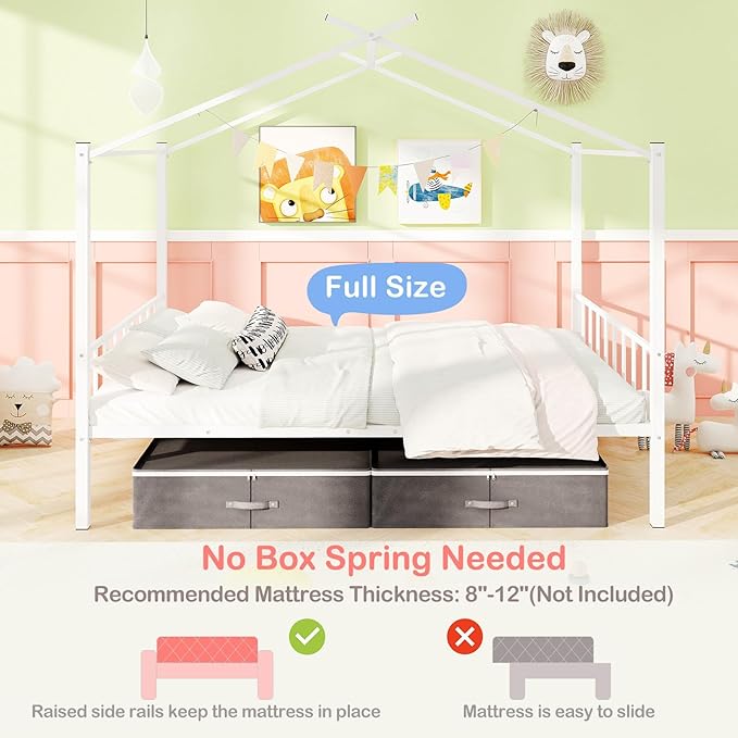 Giantex Full Size House Bed with 2 Storage Drawers, Metal Montessori Bed Frame with Headboard & Footboard, Full House Beds for Kids Girls Boys, No Box Spring Needed, Noise Free (White)