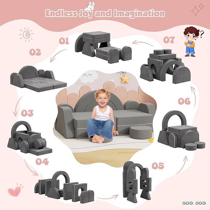 12 PCS Modular Kids Play Block Couch Child Sectional Sofa Toddler Building Fortplay Bedroom Playroom Baby Convertible Floor Foam Cushion for Boys & Girls (Dark Gray-Double)