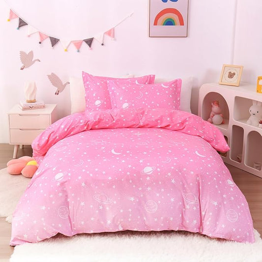 JSD Pink Stars Kids Duvet Cover Set Full Size, 3 Piece Girls Space Theme Microfiber Comforter Cover with Pillow Shams Zipper Closure, Comforter Not Included