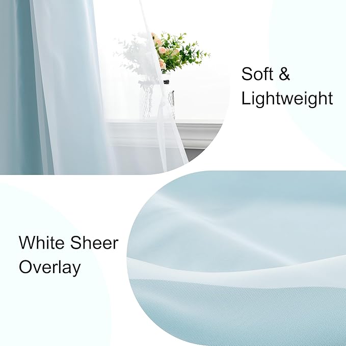 XWZO 100% Blackout Curtains with Sheer Overlay, Double Panel Grommet Thermal Insulated Privacy Curtains with Black Liner for Bedroom, Living Room, 2 Panels with Tiebacks, 52x63, Turquoise