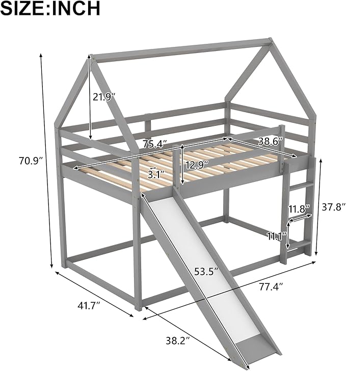 Twin Size Bunk House Bed with Slide and Ladder,can Switch Positions Left & Right,Bedroom Wood Loft Bed Frame W/No Box Spring Required,Easy to Assemble,for Kids Teens Girls Boys,Gray