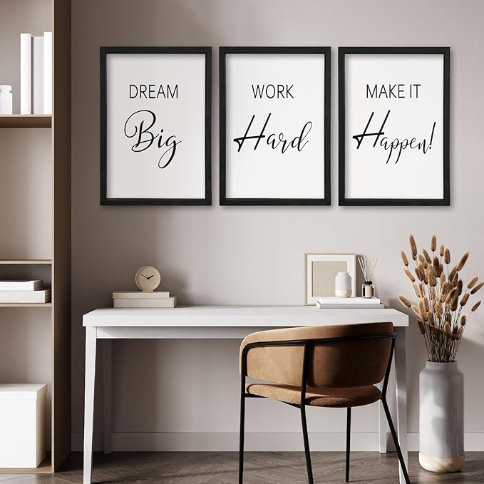 YWJKWLGS Motivational Wall Decor for Office & Home 16x24 Inch Set of 3 Inspirational quotes Wall Art Wood Frame Hanging Dream Big Work Hard Make It Happen positive affirmations Sign (Black)
