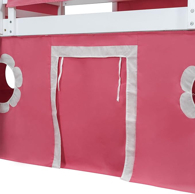 Twin Size Low Loft Bed House Bed with Slide & Tent and Tower, Playhouse Design Solid Wood Tent Bed Frame for Kids Boys Girls, Versatile Spacious Under Bed Space with Curtains (Pink-FT)