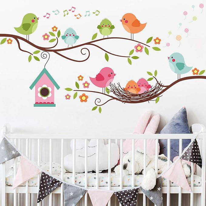 Robin Bird and Tree Branch Wall Stickers, Colorful Cute Cartoon Lovely Birds Singing On The Branch with Flowers Wall Decal, DILIBRA Removable DIY Mural Decorations for Living Room Bedroom Baby Room