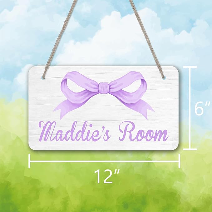 Personalized Purple Bow Kids Room Door Sign Custom Name Girls Boys Bedroom Decor Toddler Baby Nursery Wood Art Wall Plaque 12x6 Inches