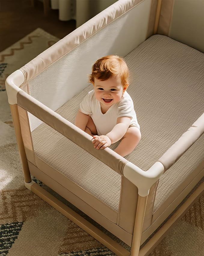 Muslin Pack and Play Sheets Fitted, 100% Cotton Mini Crib Sheets 2 Pack for Pack N Play Mattress, Stretchy Playard Sheet, Soft and Breathable Beige & Khaki