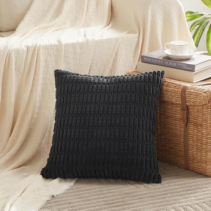 Fancy Homi 2 Packs Black Decorative Throw Pillow Covers 20x20 Inch for Living Room Couch Bed Sofa, Rustic Farmhouse Boho Home Decor, Soft Striped Corduroy Square Cushion Case 50x50 cm