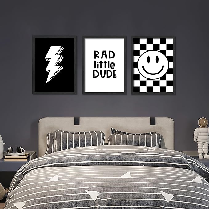 arfitest Boy's Room Wall Art Children's Canvas Wall Decoration Black Checkered Smiling Face Poster Picture Retro Game Room Bedroom Art Print 12x16 inch Frame 3-Piece Set