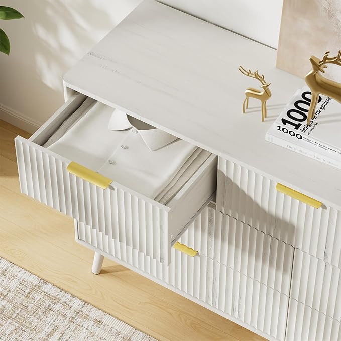 LYNSOM 55" Wide Fluted Dresser for Bedroom with 6 Drawer, Modern Chest of Drawers with Curved Profile Design and Metal Handles, Wood Dresser TV Stand & Storage Organizer for Living Room, White
