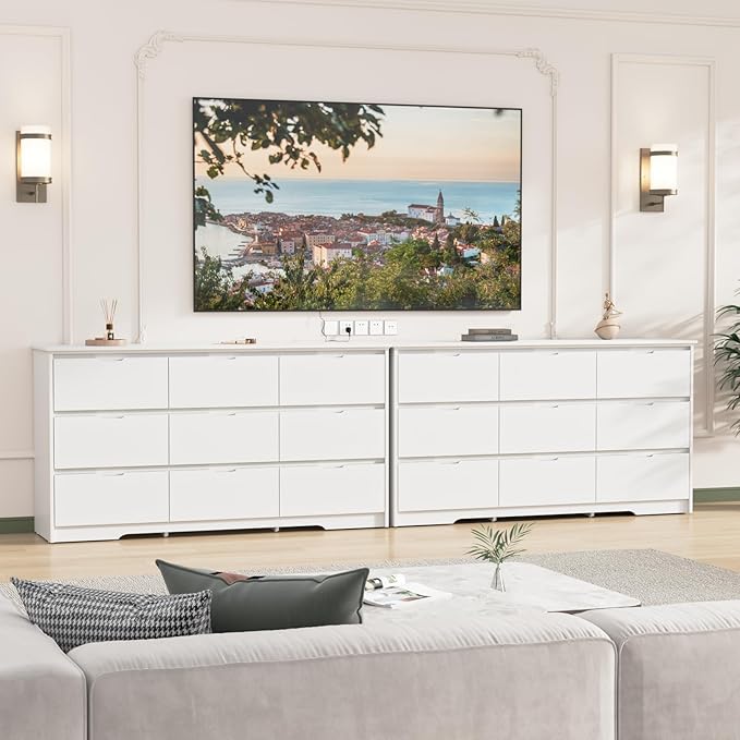 CARPETNAL 9 Drawer White Dresser for Bedroom with Deep Drawers, Large Dressers & Chest of Drawers Handle Free, Modern Long Dressers for Closet Bedroom, Living Room (59.25" W x 15.9" D x 31.9" H)