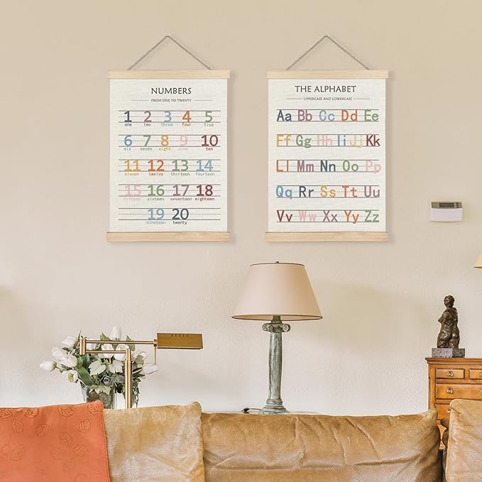 LUVADIAN Boho Classroom Decor - Alphabet Numbers Educational Poster Hanger Frame Set of 2, Nursery Wall Decor, Toddler Learning Posters for Nursery Kids Room Playroom Classroom Decor, 16x24 Inches(Large)