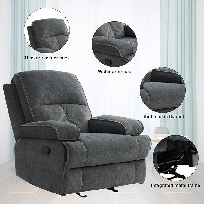 Manual Rocker Recliner Chair for Adults, High Back Glider with Deep Seat, Upholstered Fabric Armchair for Living Room & Nursery, Dark Grey