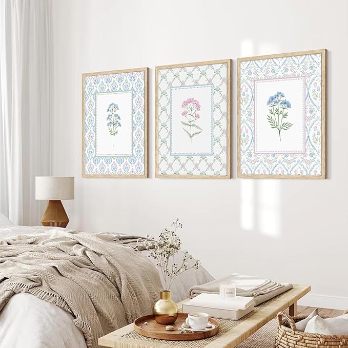 CHMMART 3 Piece Pastel Wildflower Framed Wall Art Nursery Floral Canvas Art Prints Pink Blue Botanical Pictures Wall Decor Boho Flower Painting Artwork for Bedroom Bathroom 16x20in
