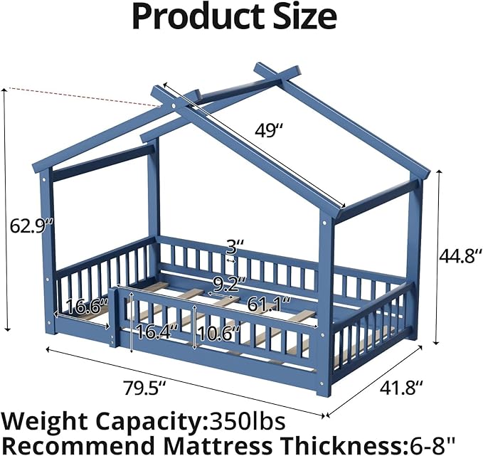 LLS Twin House Floor Bed Frame with Fence, Wooden Montessori Bed with Slats Support for Boys Girls, Mist Blue