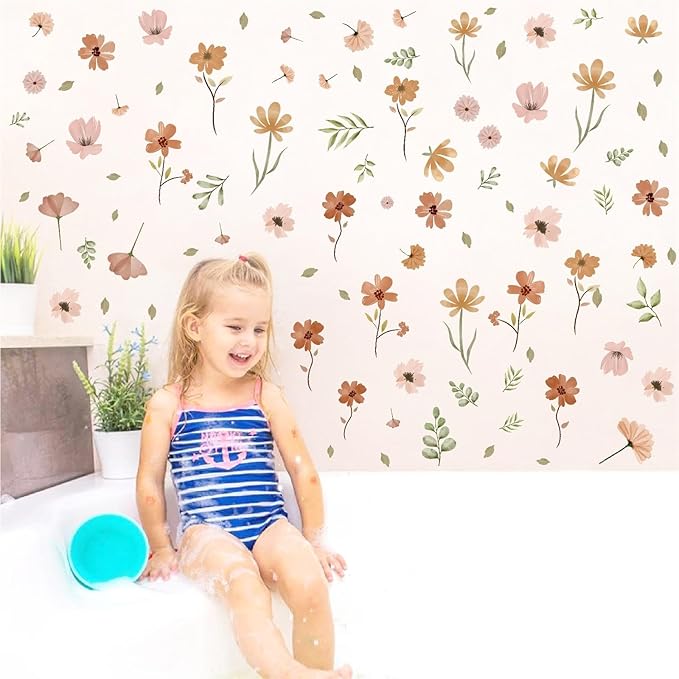 Small Flower Wall Stickers Boho Floral Wall Decals Watercolor Wildflower Decals Cute Flowers Stickers Removable Retro Floral Decal for Nursery Girls Bedroom Decor