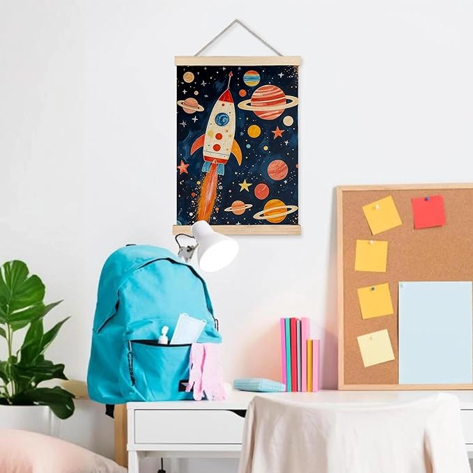URLLUAE Rocket Ship Space Wall Art for Kids Room, Colorful Outer Space Planet Poster for Boys Bedroom Classroom Nursery Playroom Wall Decor, 12x16 Inch
