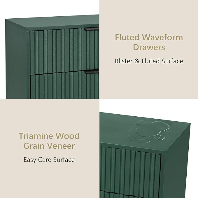 Fluted Dresser for Bedroom with 6 Drawers, 47'' Wide Modern Dresser with Metal Handle, Wood Dressers Organizer with Blister Drawers for Bedroom, Green