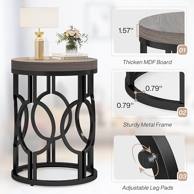 Tribesigns Round End Table Set of 2, Industrial Side Table with Metal Hollow Frame, Small Bedside Table Nightstand for Living Room, Bedroom, Easy Assembly (Grey,2 PCS)