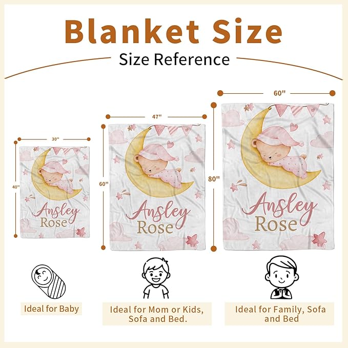 Personalized Baby Blanket for Girls, Custom Name Blanket for Newborn Toddler, Soft Flannel with Double Layer Dotted Backing, Gifts for Baby Shower Christmas Birthday, Pink Moon Bear(47" x60)
