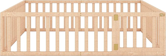 Merax Queen Floor Bed with Safety Guardrails and Door, Wood Montessori Floor Bed Frame for Kids, Queen Playhouse Bed Frame for Baby Girls and Boys, Natural