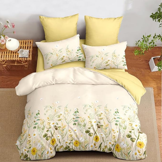 Floral Duvet Cover Set Queen 3 Pieces Beige Yellow Bedding Set Vintage Flower Butterfly Bedding Aesthetic Soft Microfiber Farmhosue Duvet Cover with 2 Pillowcases