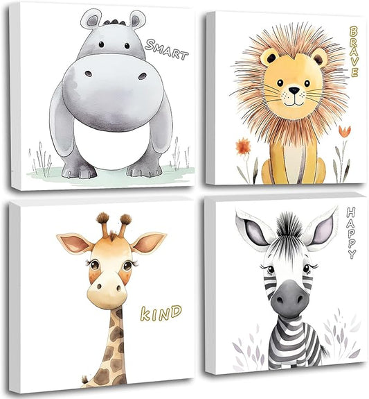 Nursery Wall Decor Motivational Quotes Canvas Print Wall Art for Kids Bedroom Safari Animal Jungle Boy's Girl's Art Frame Cute Baby Room Decor Artwork Set of 4