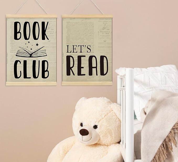 ULEGIE Book Club Let's Read Wall Art - Vintage Classroom & Library Decor, Reading Corner, Framed Wall Poster 2 Pack, 12x16 Inch