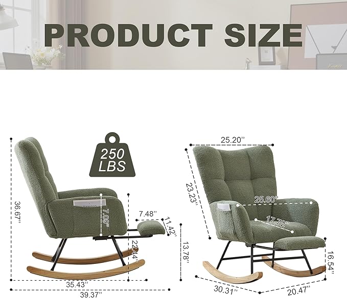 Nursery Rocking Chair Teddy Upholstered Glider Rocker with Footrest Accent Chair with High Backrest Armchair Comfy Side Pocket Chair for Living Room, Bedroom, Offices (Large Green)