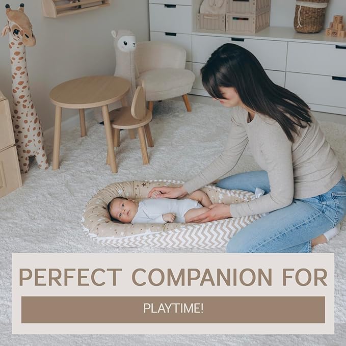 Baby Lounger | Organic Cotton Infant Lounger | Reversible, Adjustable & Portable Floor Lounger | Supervised Use | Soft, Breathable, Washable Cover- Star Collection (Tan)