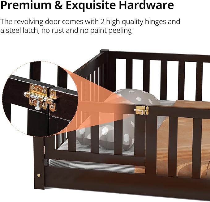 i-POOK Full Floor Bed for Children, Sturdy Wood Montessori Bed Frame with Wood Slats, Fence & Door for Girls and Boys, Espresso (with Bed Slats)