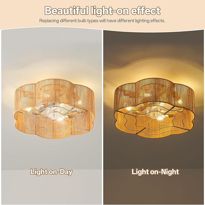Caged Ceiling Fan with Lights, Flush Mount 20" Boho Ceiling Fans with Lights Remote Control, Low Profile Bladeless Rattan with 6 Speeds for Bedroom, Nursery, Kitchen