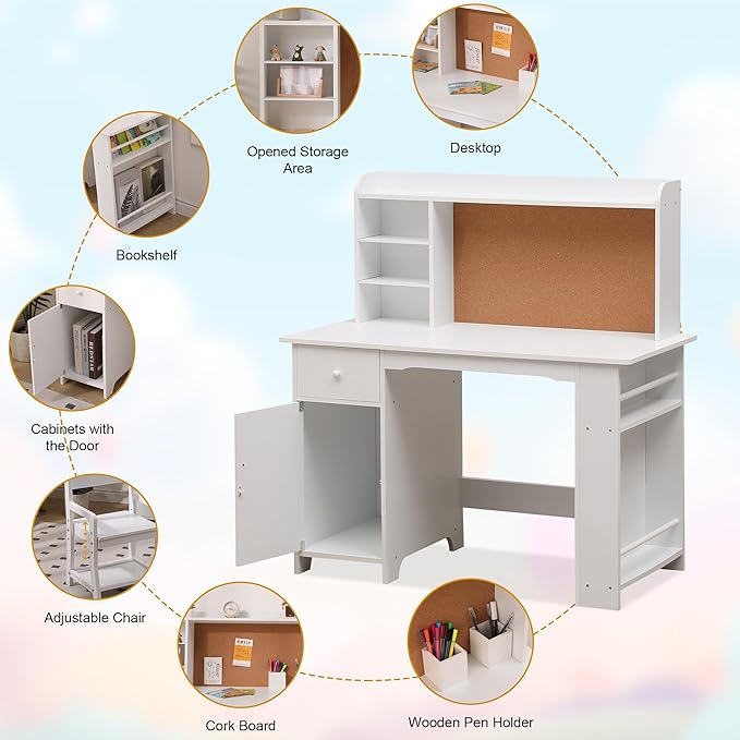 GarveeHome Kids Desk and Chair Set, Wooden Study Table with Storage Shelf, Bulletin Board, Children School Learning Desk Set, Writing Table for Boys and Girls, White