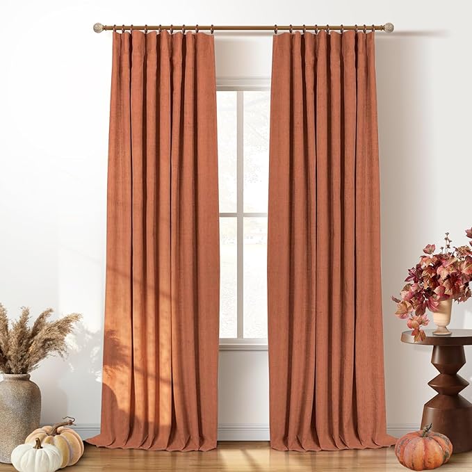 INOVADAY 100% Blackout Curtains for Bedroom, Black Out Curtains 108 Inch Long, Clip Rings Linen Blackout Drapes, Thermal Insulated Room Darkening for Living Room, 2 Panels - Orange,W50xL108