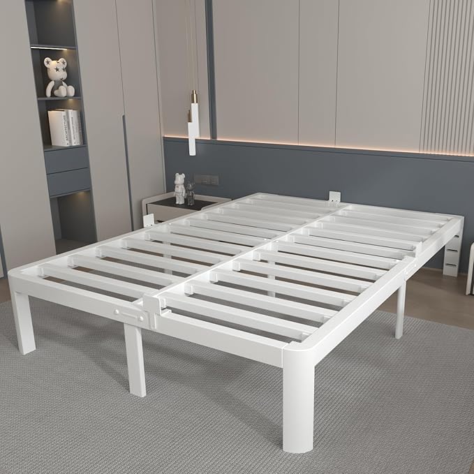 12 Inch King Size Bed Frame with Metal Gaskets, White Bed Frame King Size No Box Spring Needed, Heavy Duty Steel Platform Support, Round Corner Design, Reserved Holes, Noiseless, Storage Space
