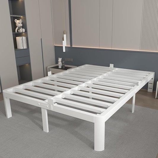 12 Inch King Size Bed Frame with Metal Gaskets, White Bed Frame King Size No Box Spring Needed, Heavy Duty Steel Platform Support, Round Corner Design, Reserved Holes, Noiseless, Storage Space