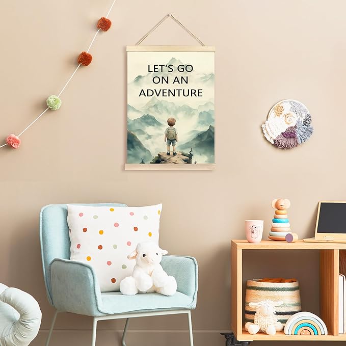 Hiuwevt Adventure Nursery Wall Art, Let's Go on an Adventure Poster Hanger Frame, Mountain Nursery Wall Art Home Decor for Kids Little Boys Toddler Room Bedroom Playroom, 12x16 Inch