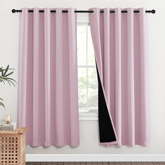 NICETOWN 100% Blackout Window Curtain Panels, Lavender Pink, 2 Pieces, 62-inch Wide Per Panel, Full Light Blocking Drapes with Black Liner for Nursery, 72-inch Drop Thermal Insulated Draperies
