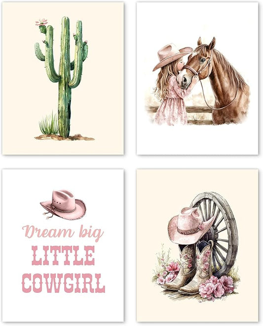 Hxlac Western Cowgirl Wall Art Prints Set of 4 UNFRAMED - Pink Boot Cactus Wall Decor, Cowgirl & Western Room Decor, 8x10 Inches