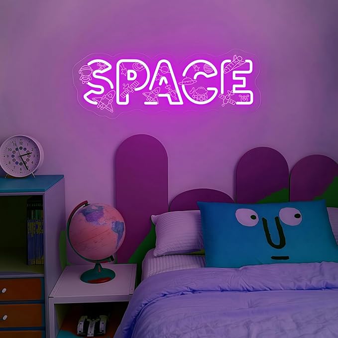 Custom SPACE Neon Sign, Space Theme LED Wall Light, Rocket Astronaut Planet Neon Decor, Cosmic Theme Light Art for Kids’ Bedroom, Nursery Decor, Children’s Play & Sleep Spaces 15.7″ × 5.9″