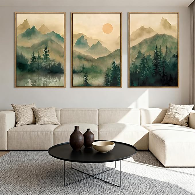 IARTTOP Large Forest Green Wall Art Framed 24x36 Inch Foggy Mountain Landscape Canvas Art Prints Nature Landscape Wall Decor for Living Room Bedroom Office Set of 3
