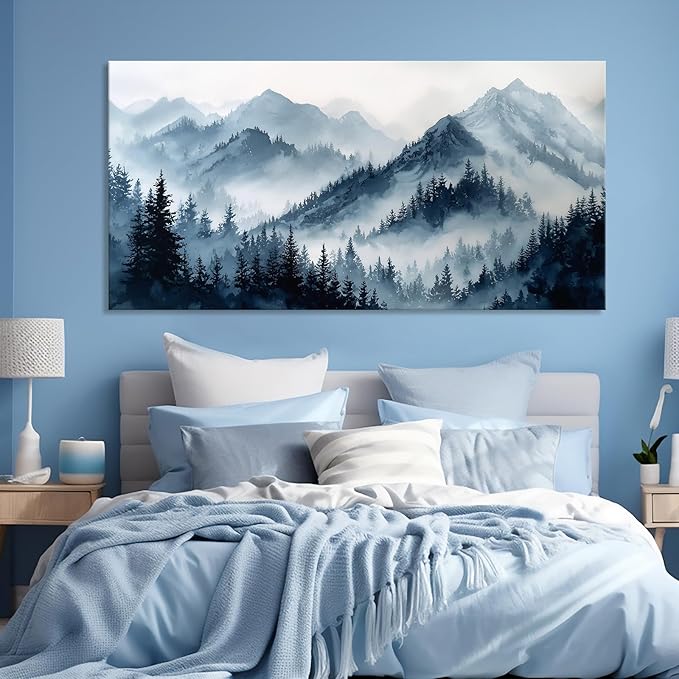 Blue Forest Canvas Wall Art Nature Foggy Mountains Landscape Pictures for Living Room Misty Watercolor Pine Tree Wall Decor Indigo Woodland Scenery Canvas Prints Artwork Office Home Decoration 12"x24"