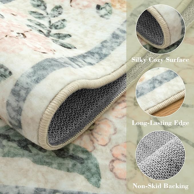 Wonnitar Washable Area Rugs 5x7, Soft Floral Bedroom Area Rug, Washable Carpet 5x7 Non Slip, Boho Flower Print Beige Carpets for Living Room Bedside Dining Room