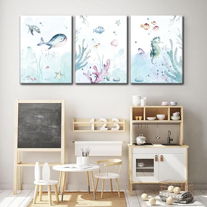 Wodkwq Ocean Nursery Decor, Set of 3 Boys Room Sea Animal Wall Art Picture Canvas Prints, 12x16 Inch Framed
