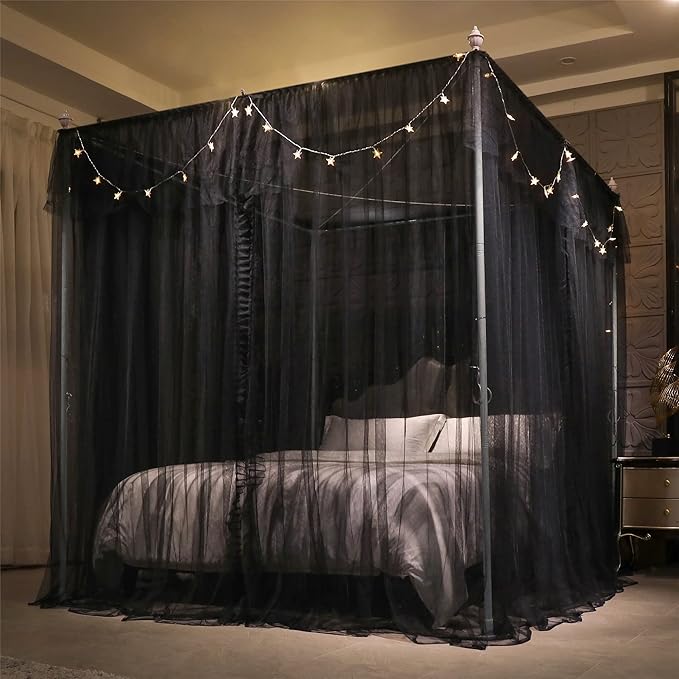 VETHIN 4 Corners Post Ruffle Princess Bed Canopy Curtain-Double Layer Cozy Drape Netting 4 Opening Mosquito Net for Girls Adults Bedroom Decoration (Double-Black,78" W*86" L*82"*H/King)