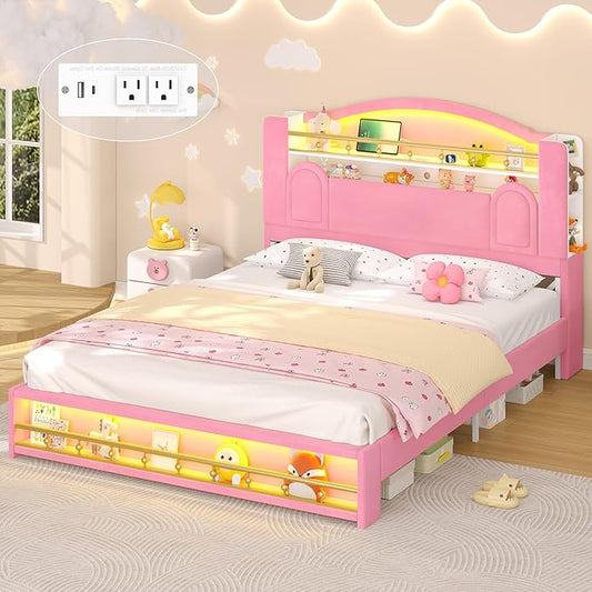 Queen Bed Frame with Storage Headboard, Platform Bed Frame Queen Size with Charging Station&LED Lights,Velvet Princess Bed for Girls/Kids, No Box Spring Needed/Noise-Free/Easy Assembly,Pink