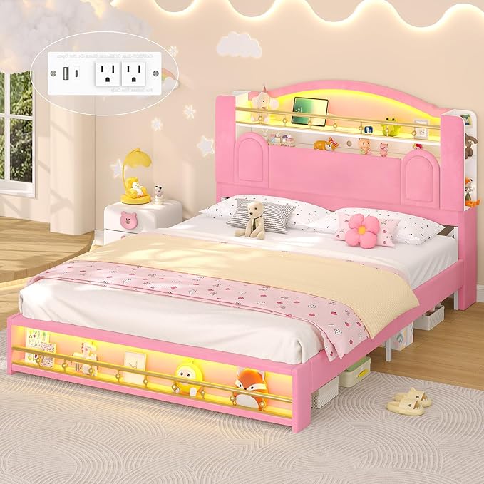 Full Size Bed Frame with Storage Headboard, Platform Bed Frame Full with LED Lights and Charging Station, Velvet Princess Bed for Girls/Kids, No Box Spring Needed/Noise-Free/Easy Assembly,Pink