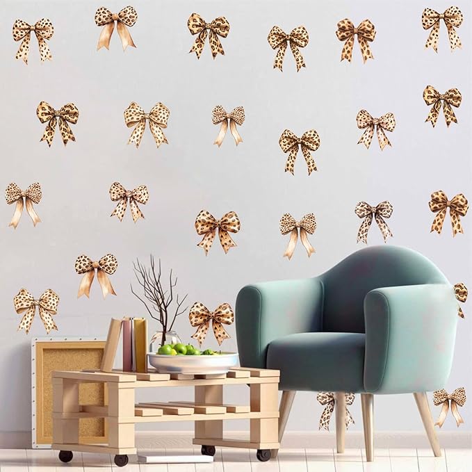 Watercolor Leopard Bow Wall Stickers, Cheetah Bow Knot Vinyl Wall Decals, Removable Bowtie DIY Wall Art for Girls Wowen Bedroom Living Room Decor