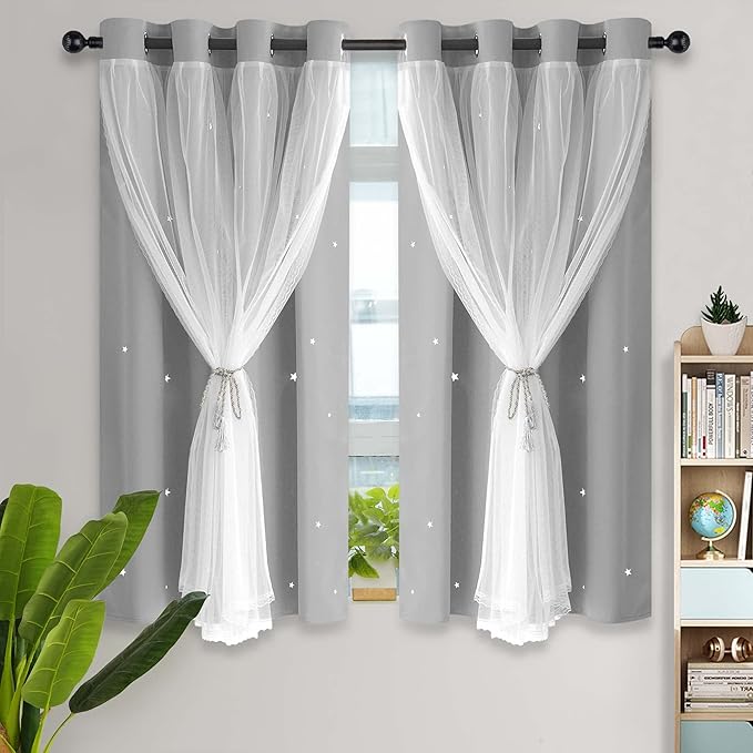 Kinryb Blackout Curtains for Girl Bedroom/Living Room/Classroom, Sheer Overlay Small 2 Panel Set, Double Layer Curtains with Star Cutout for Kids Room(W 52 x L 45 Inches,Silver Grey 2 Pcs)